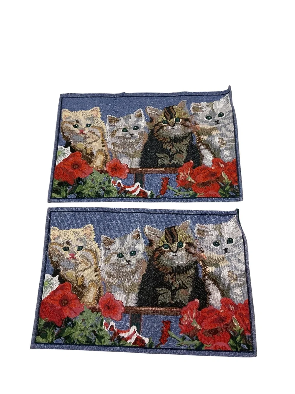 Vintage Cat Tapestry Placemats Set of 4 Kittens Red Flowers Gajimoti